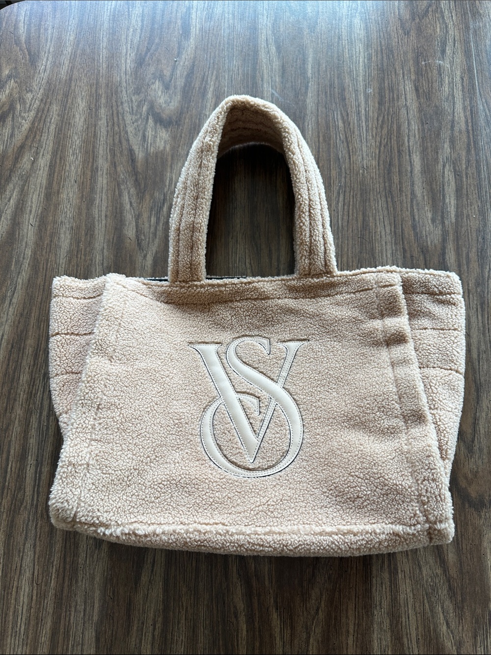 Victoria's Secret Beige Shearling Tote with Embroidered VS Logo